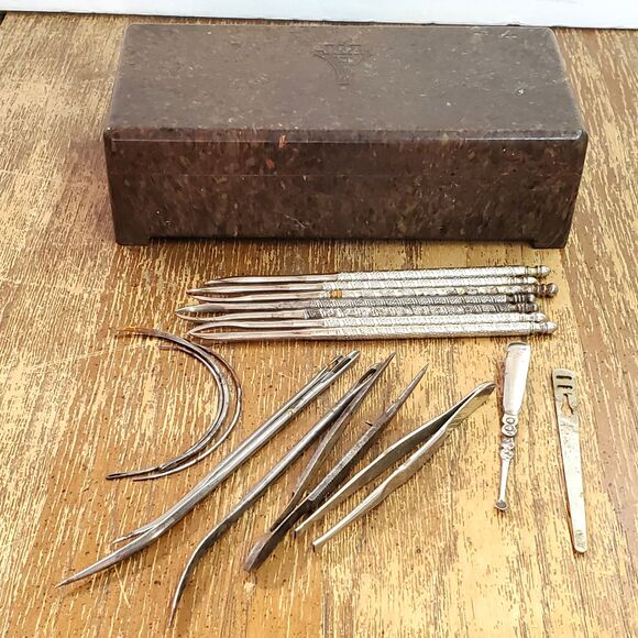 Other - Antique Art Deco Bakelite Box Leather Awls Curved Sewing Needles Tweezers Picks